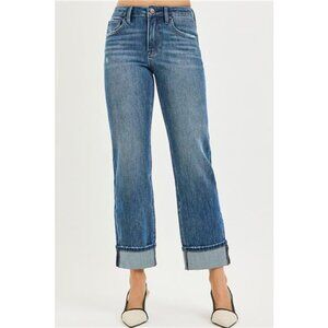 RISEN‎ Full Size 4 Way Stretch Slouchy Straight Jeans with Cuffed Hem Plus Size